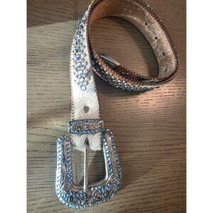 Vtg BB Simon Leather Calf Hair Western Rhinestone Buckle Belt - Very Heavy -